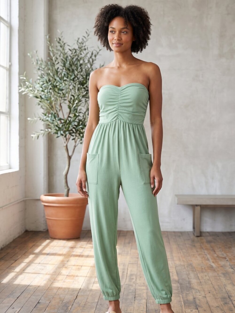NWT | MIHOLL Sage Green Strapless Convertible Jumpsuit Side Pockets Medium